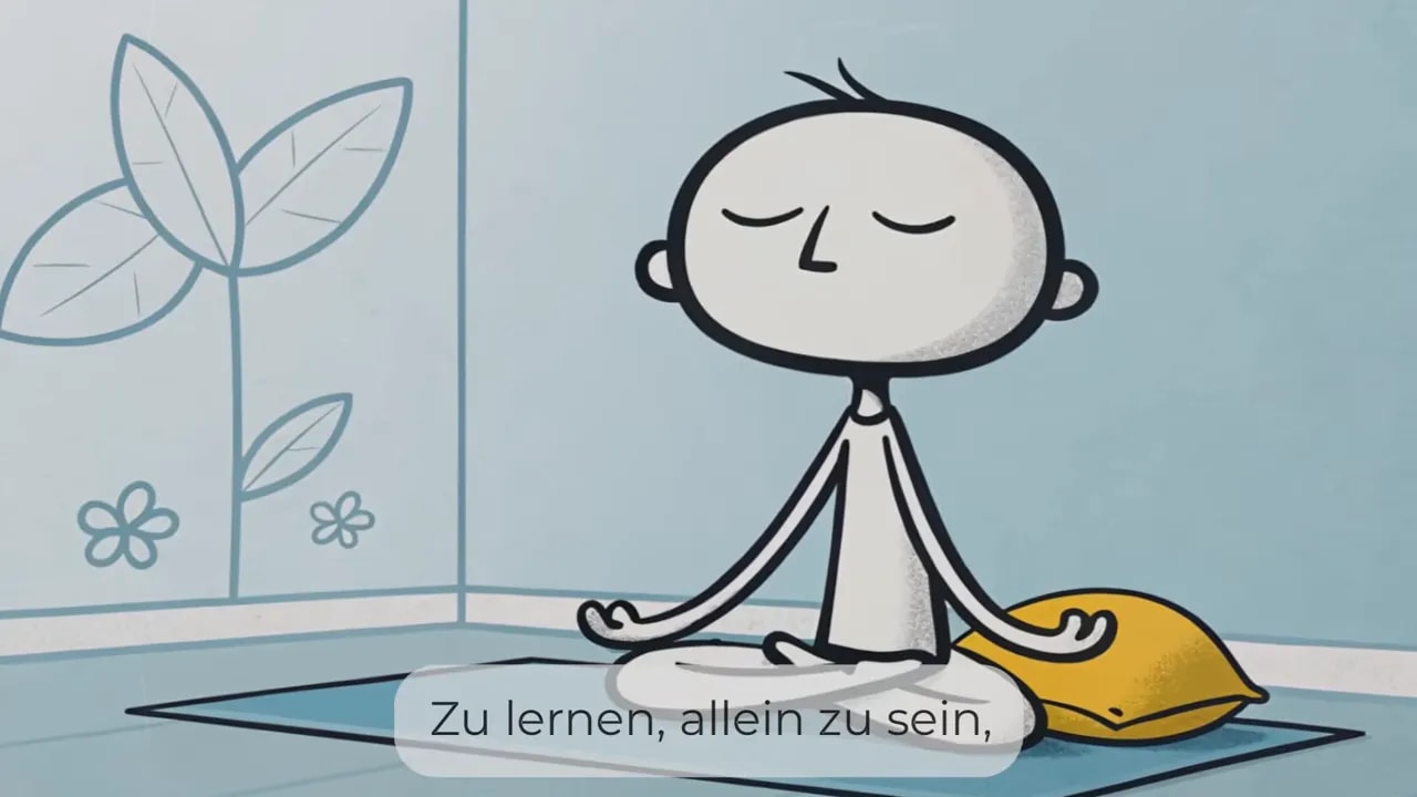 Strichfigur sitzt meditierend auf einer Matte neben einem gelben Kissen