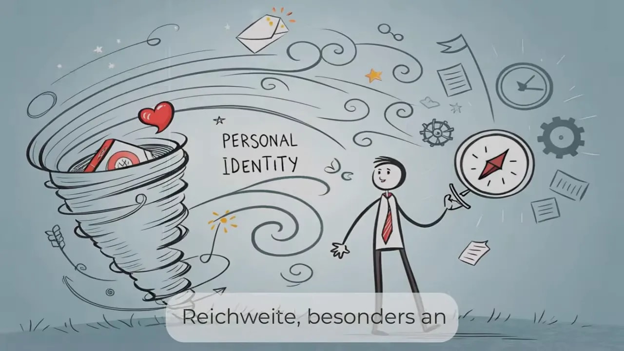 Wirbelsturm mit der Aufschrift Personal Identity zieht Herzen, Papier und Uhren an