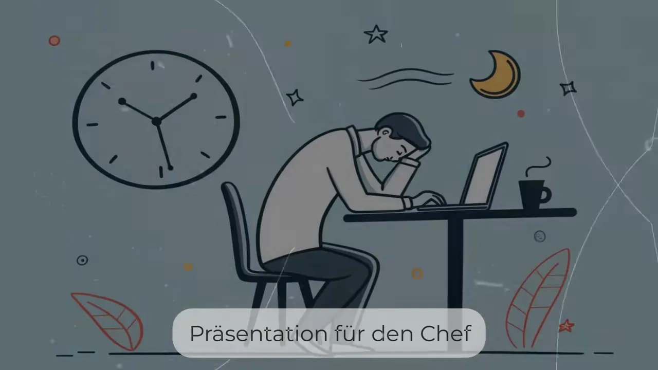 Erschöpfte Person sitzt nachts am Schreibtisch vor einem Laptop, mit Mond, Uhr und Kaffeetasse im Bild