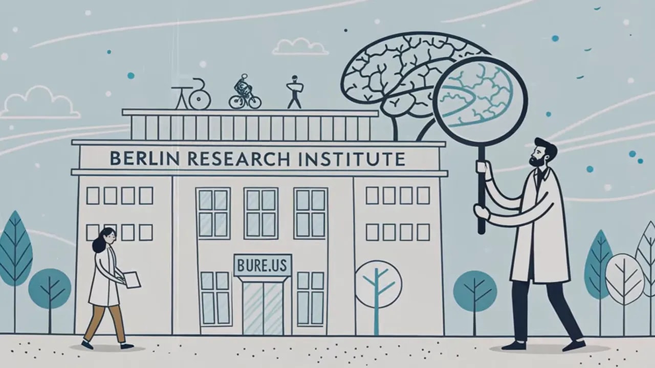 Gebäude mit der Aufschrift berlin research institute, davor und daneben Figuren und ein großes Gehirn mit Lupe