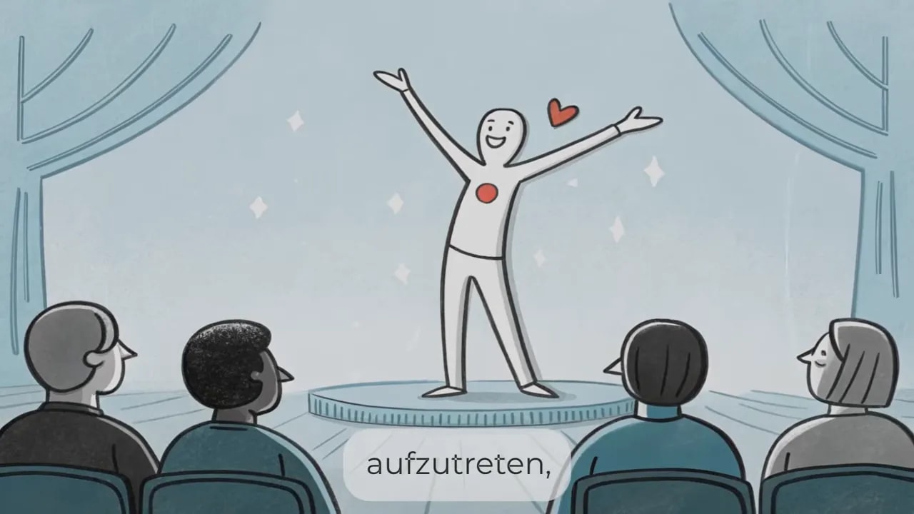 Strichfigur auf einer Bühne vor sitzendem Publikum