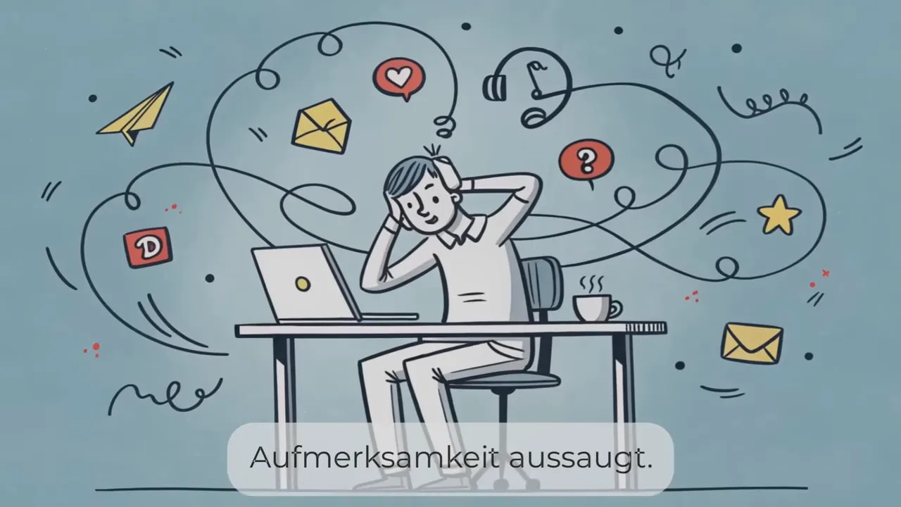 gezeichnete Person sitzt gestresst am Schreibtisch, umgeben von wirbelnden Symbolen wie E-Mail, Musik, Herzen und Fragezeichen