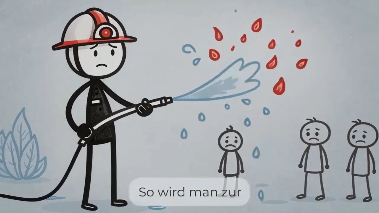 Figur in Feuerwehruniform spritzt Wasser auf rote Flammen, daneben stehen drei kleine Personen