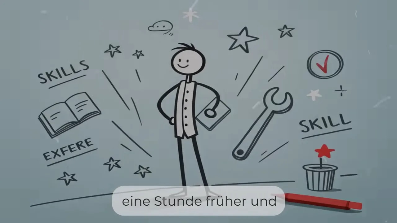 gezeichnete Figur steht selbstbewusst, umgeben von Symbolen für Fähigkeiten, Werkzeug, Sterne und Häkchen