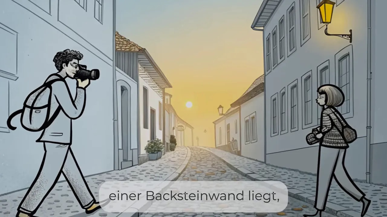 Mauer mit Dächern, eine Taube sitzt oben und daneben ist das Gesicht eines alten Mannes in einem Kreis dargestellt