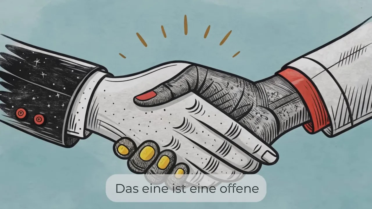 Zwei Hände in einem Handschlag, eine helle und eine dunkle Hand, darüber kleine Strahlen