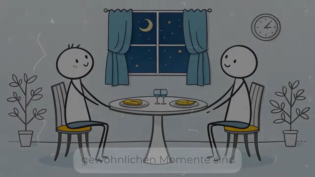 Zwei Personen sitzen nachts an einem kleinen Tisch vor einem Fenster mit Mond