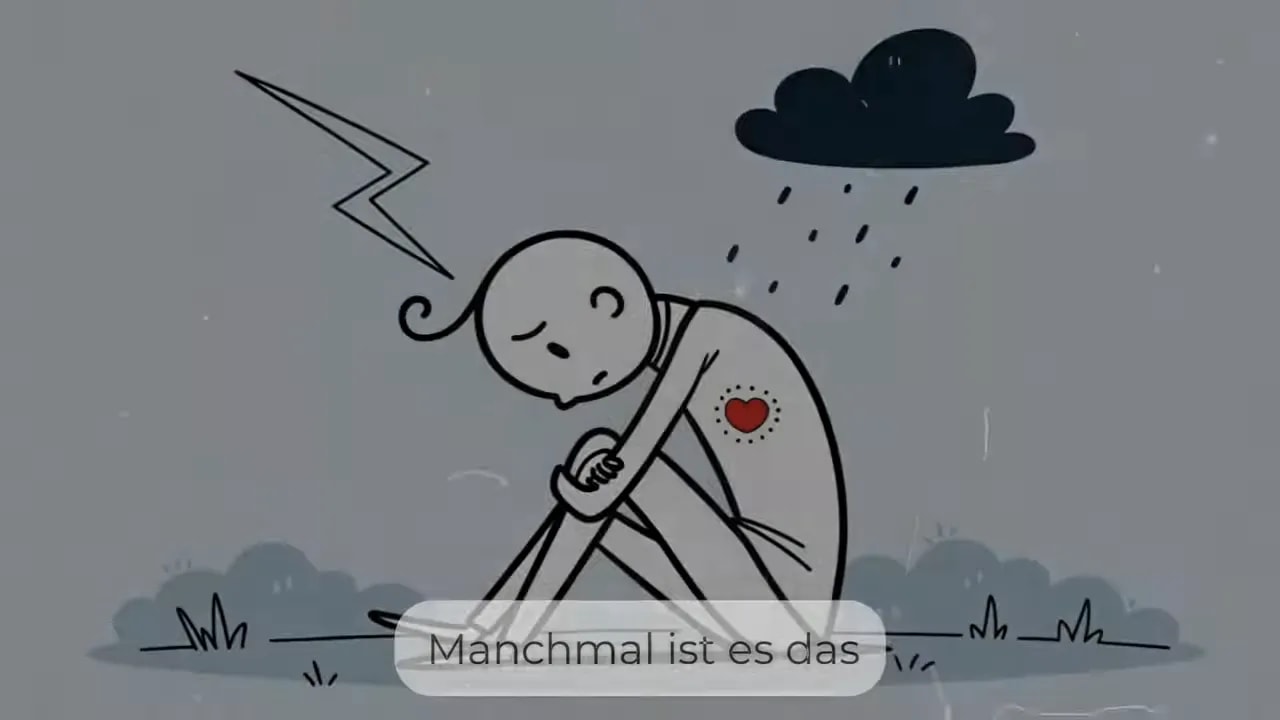 Zusammengesunkene Strichfigur unter dunkler Regenwolke mit Blitz und kleinem roten Herz