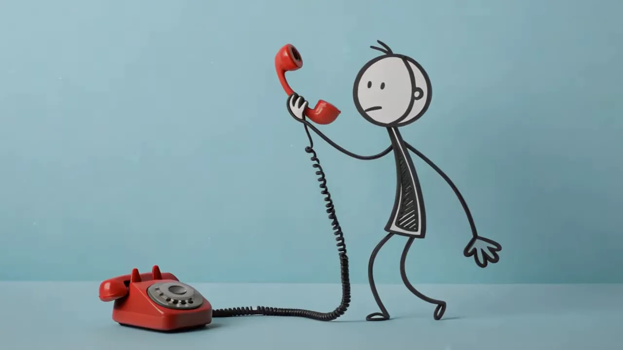 Strichfigur hebt roten Telefonhörer von rotem Telefon ab