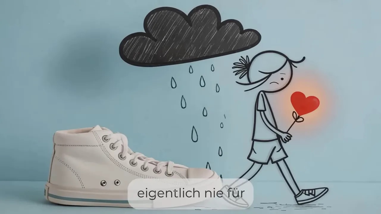 Kleines gezeichnetes Kind läuft unter einer dunklen Regenwolke mit einem leuchtenden roten Herz in der Hand, daneben ein weißer Schuh