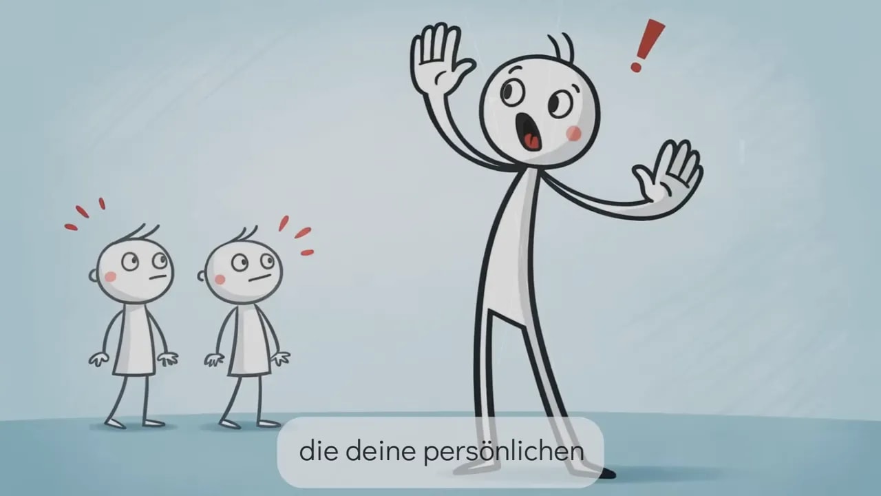 gezeichnete Figur hält beide Hände hoch wie beim Nein sagen, im Hintergrund zwei überraschte Figuren
