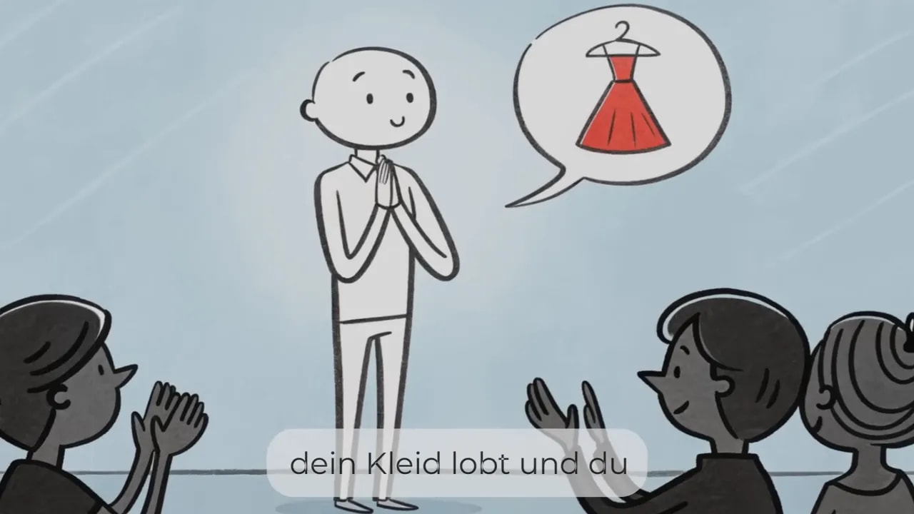 Person steht mit gefalteten Händen vor applaudierenden Menschen, in einer Sprechblase ist ein rotes Kleid zu sehen