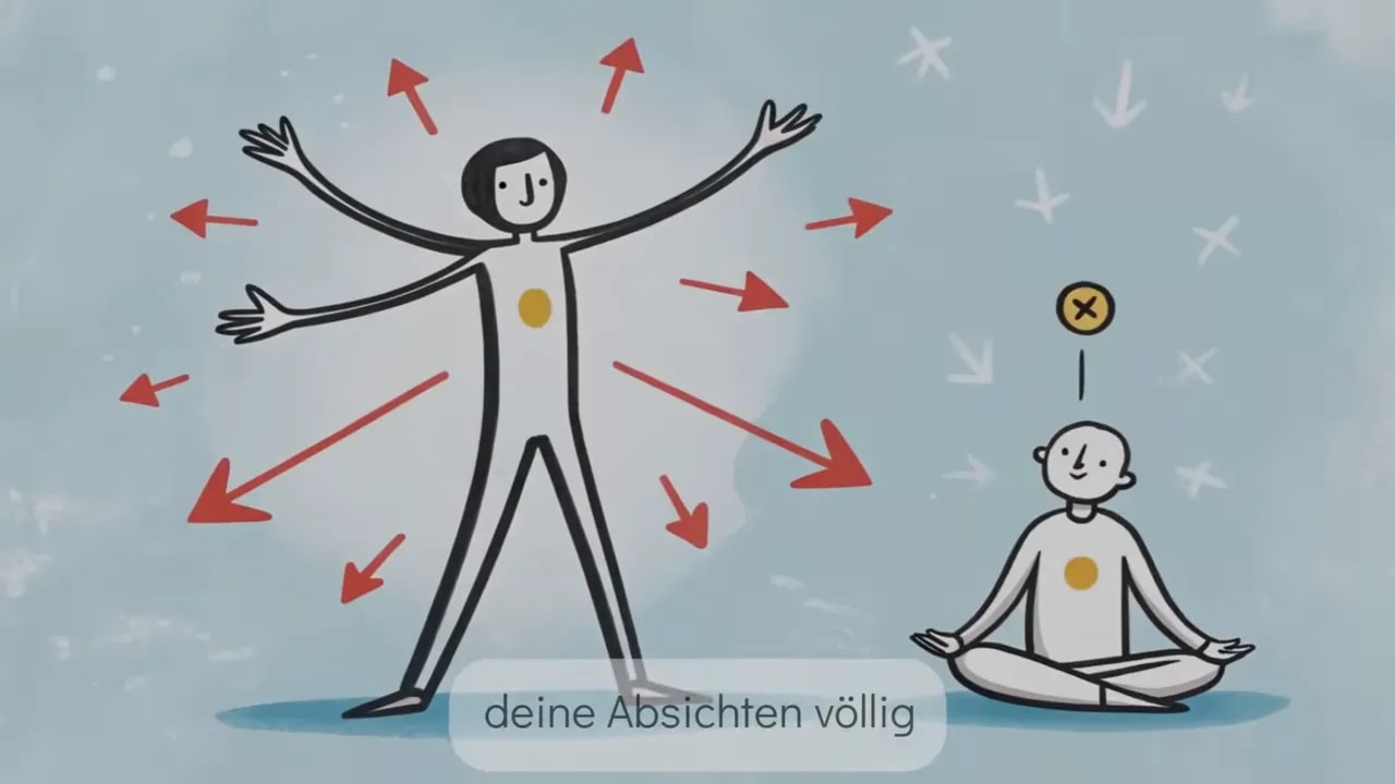 gezeichnete Figur mit vielen Armen und roten Pfeilen in alle Richtungen, daneben sitzt eine ruhige Figur im Schneidersitz
