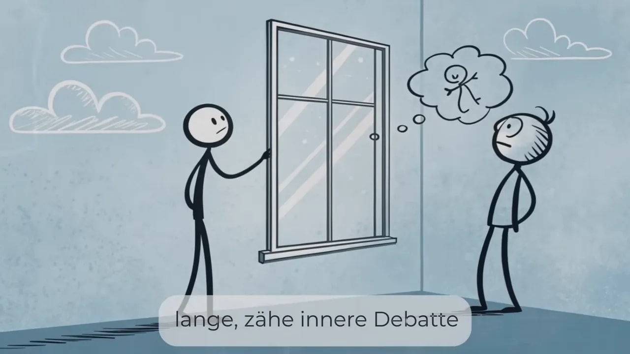 Zwei Figuren stehen in einem Raum an einem Fenster, eine schaut nachdenklich mit Gedankenblase auf das Fenster