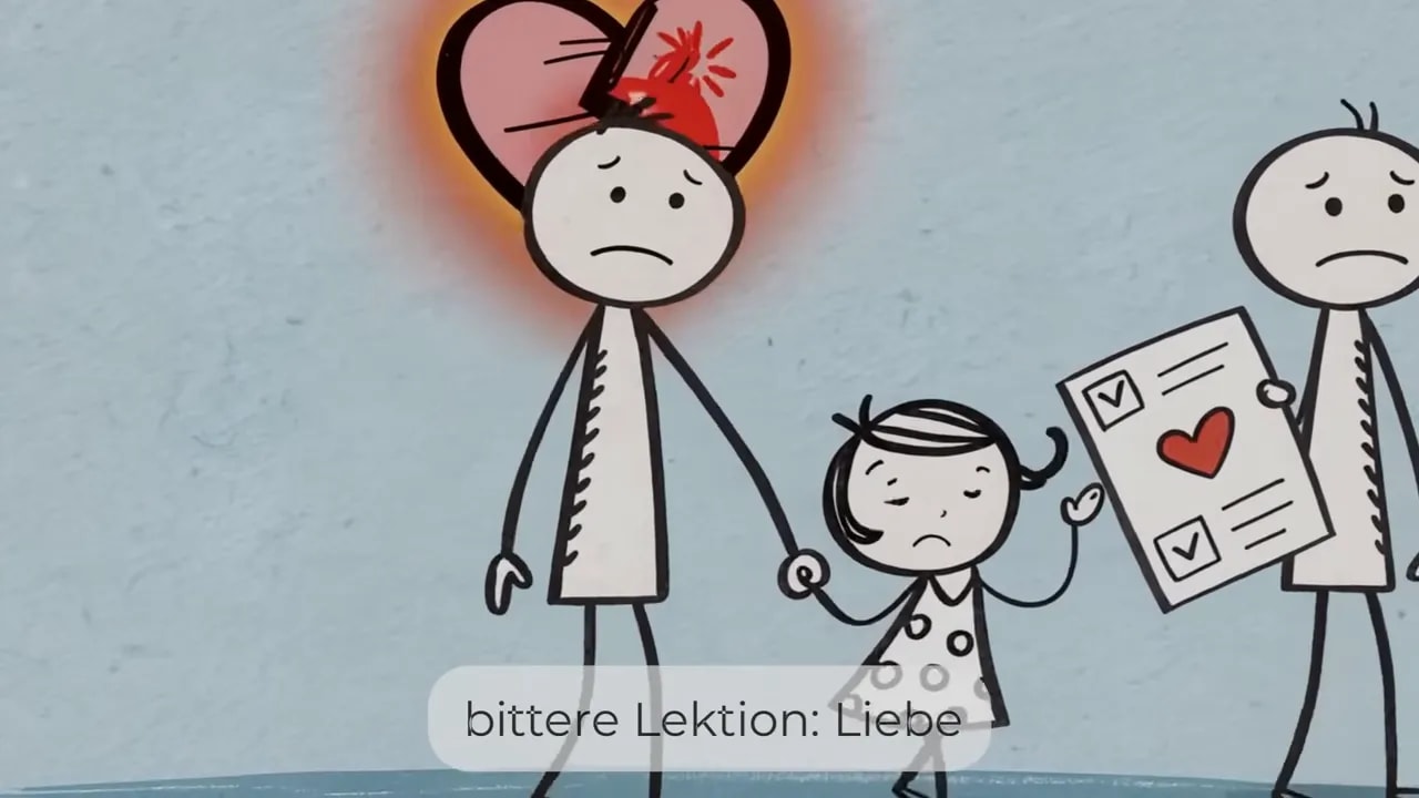 Kind steht zwischen zwei traurigen Erwachsenen, über ihnen ein gebrochenes Herz, ein Elternteil hält ein Blatt mit Häkchen und Herzen