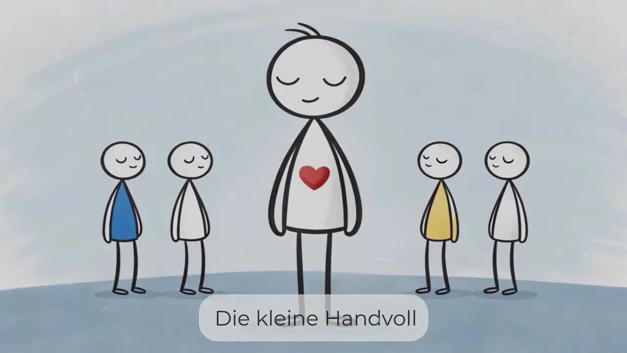 Zentrale Figur mit rotem Herz steht ruhig zwischen kleinen Gruppen von Menschen