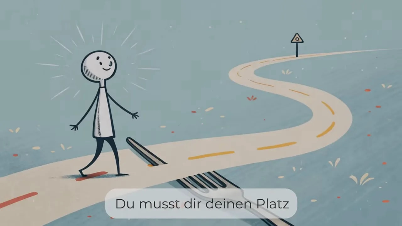 Lächelnde Figur geht auf einer hellen kurvigen Straße nach vorn, der Weg führt in die Ferne