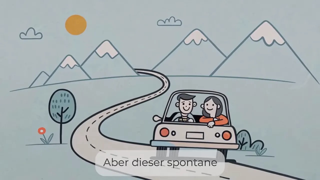 Zwei Personen fahren in einem Auto auf einer kurvigen Straße durch Berge