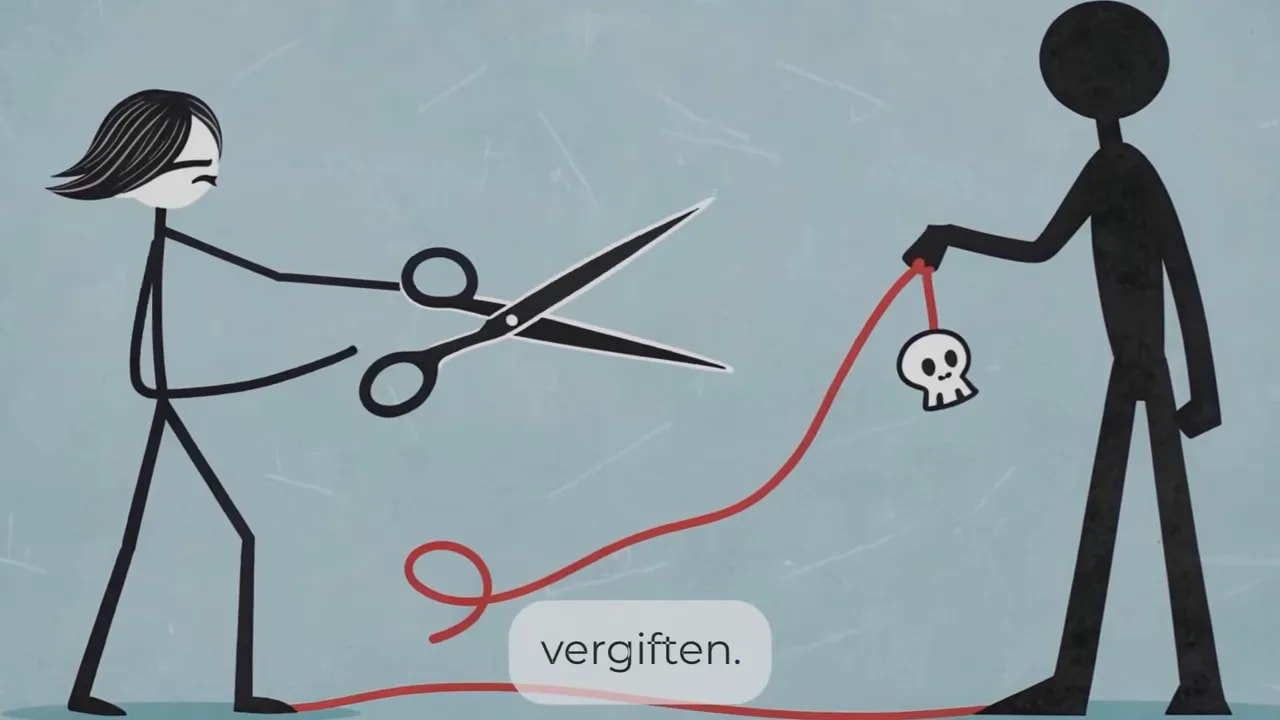 gezeichnete Figur zieht ein rotes Seil weg von einem großen schwarzen Anker am Ufer