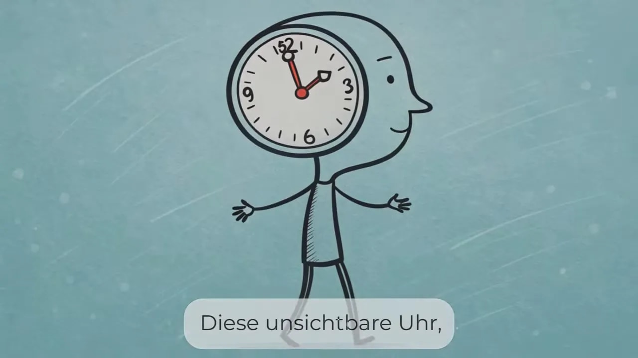 Strichfigur mit einer großen Uhr anstelle des Kopfes