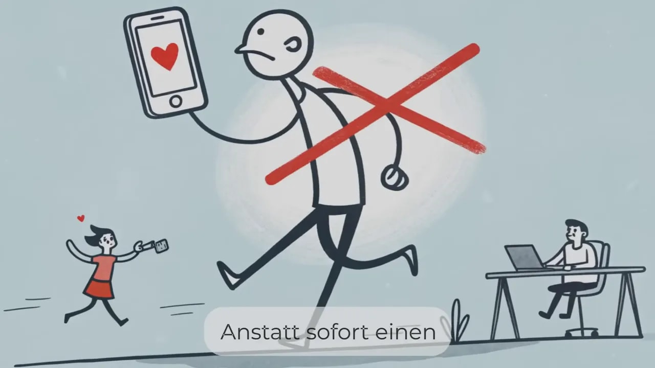 gezeichnete Figur läuft mit großem Smartphone und Herzsymbol, darüber ein rotes Kreuz, rechts sitzt jemand am Schreibtisch
