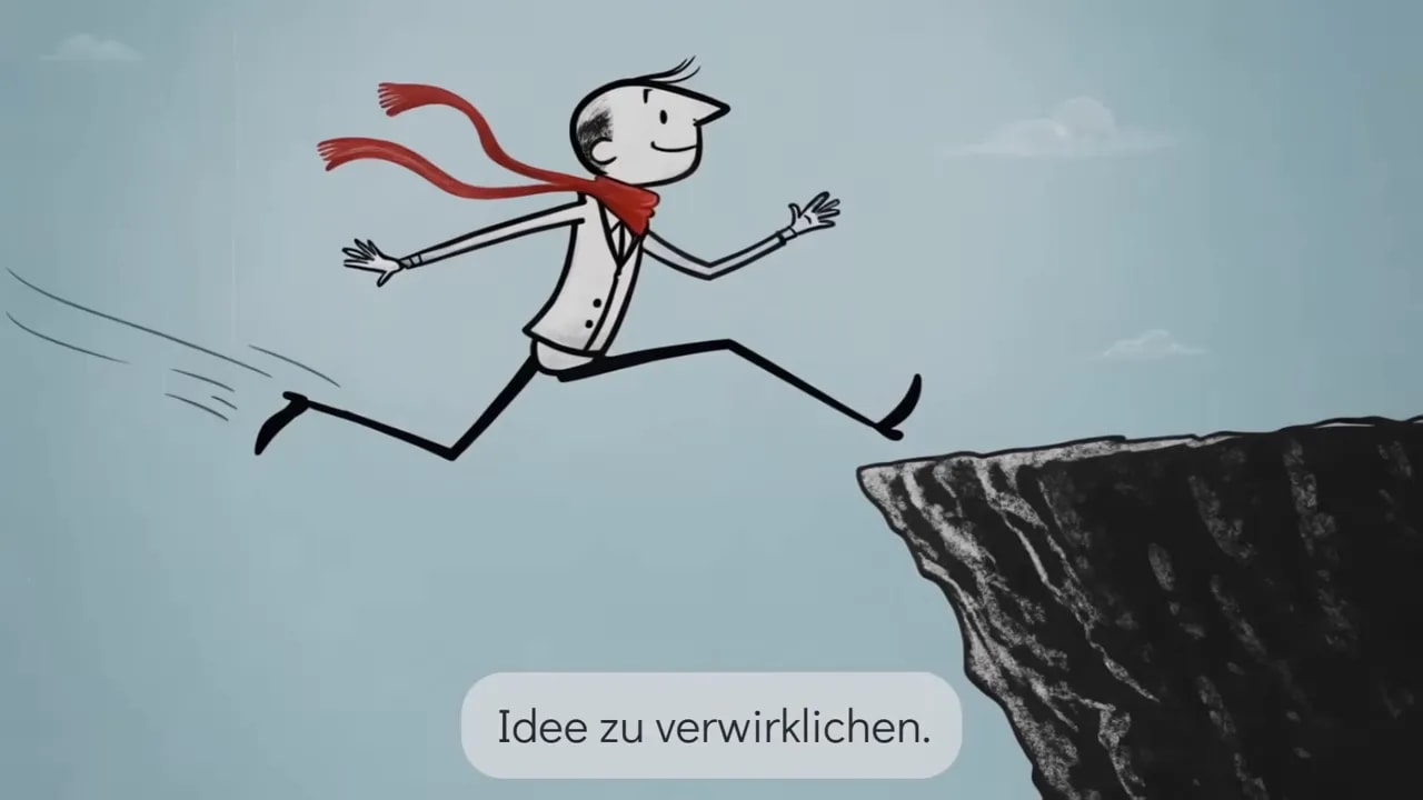 gezeichnete Figur springt mit wehendem Schal über eine Lücke zu einer Felskante
