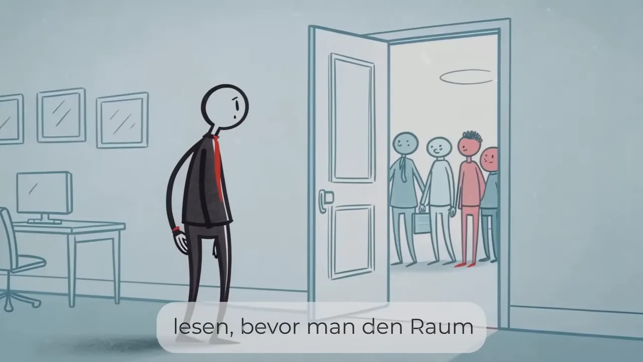 Figur steht in einem Büro an einer offenen Tür und blickt auf eine Gruppe von Menschen im Nebenraum
