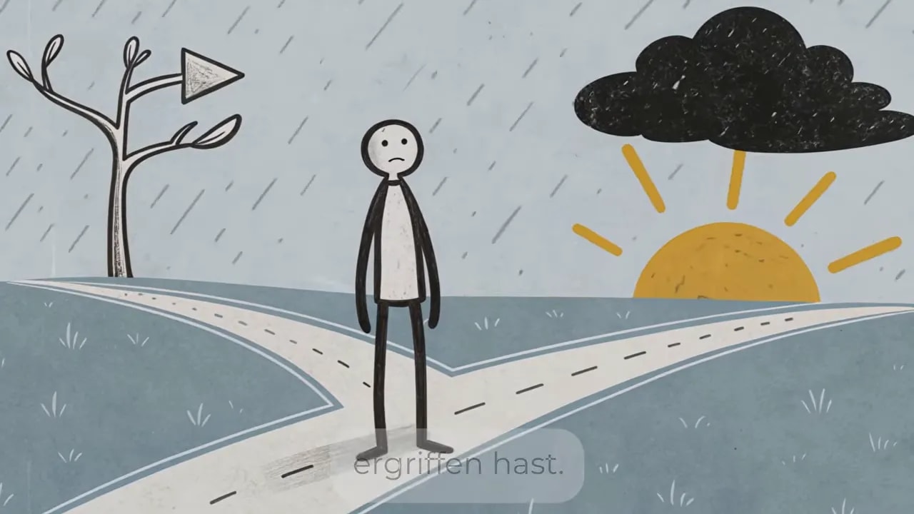 Strichfigur steht zwischen zwei Wegen unter dunkler Wolke und aufgehender Sonne mit Fragezeichen