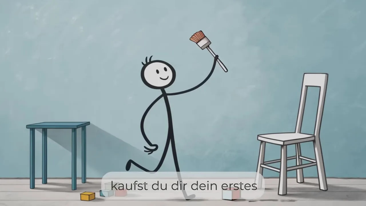 gezeichnete Figur hält einen Pinsel hoch, neben ihr stehen Tisch, Stuhl und Farbdosen