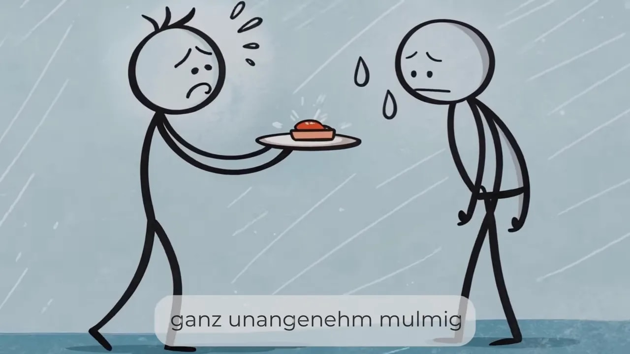 Eine Person reicht einer anderen einen Teller mit Essen, beide wirken angespannt, neben der empfangenden Figur sind Tränen zu sehen