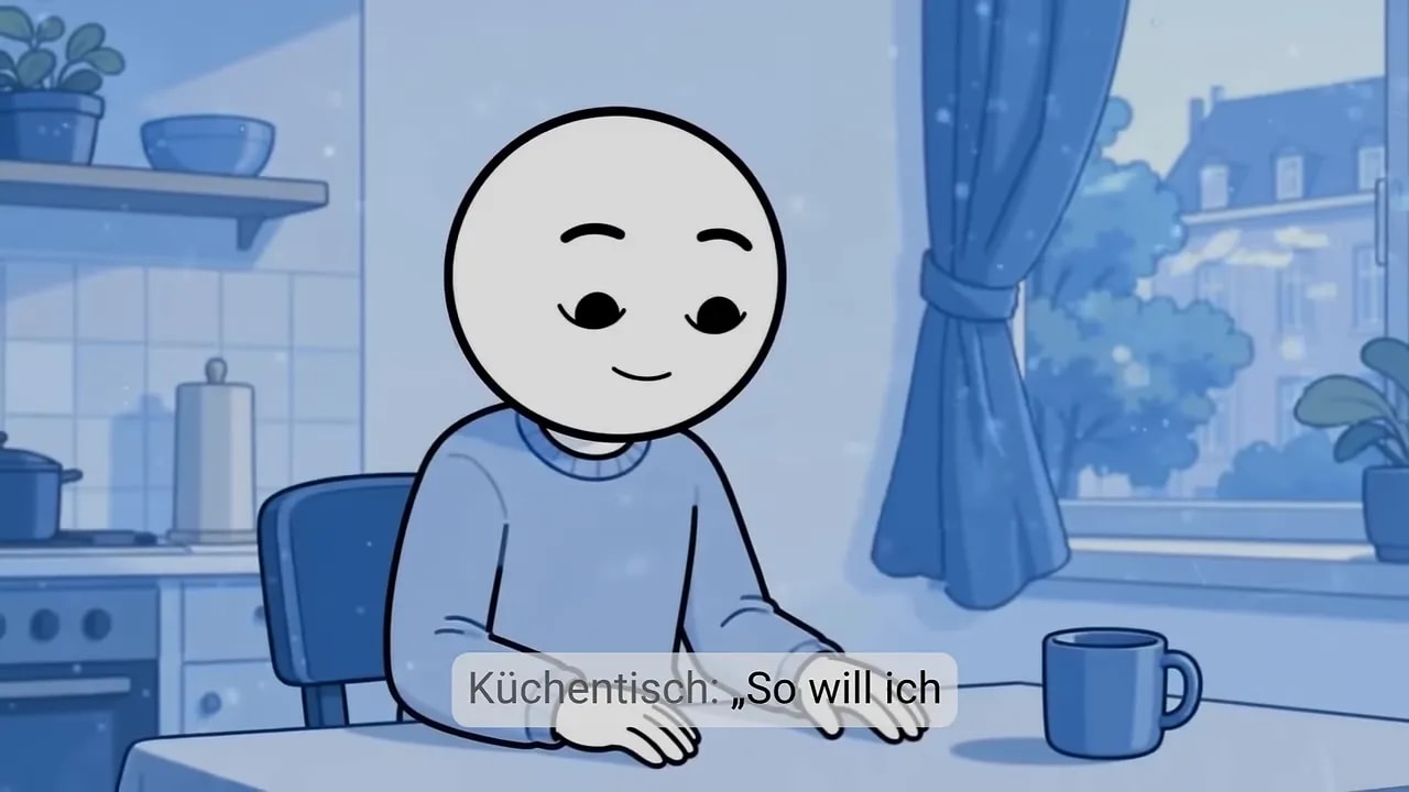 Figur sitzt ruhig am Küchentisch mit einer Tasse