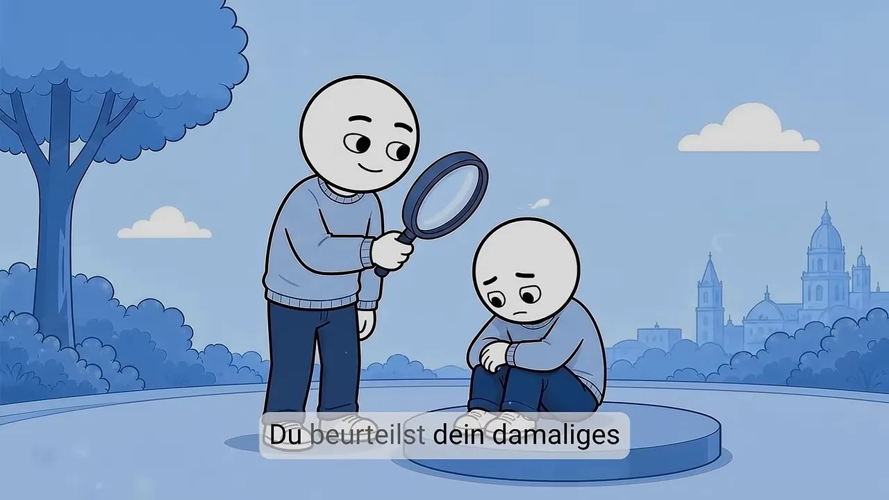 Figur betrachtet eine kleinere Figur mit einer Lupe