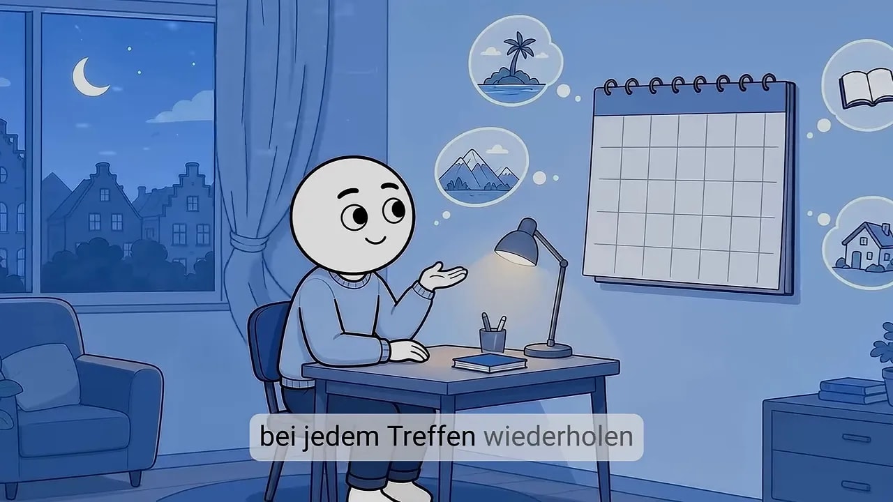 Figur sitzt vor einem Kalender und betrachtet Gedankenblasen mit Freizeitaktivitäten