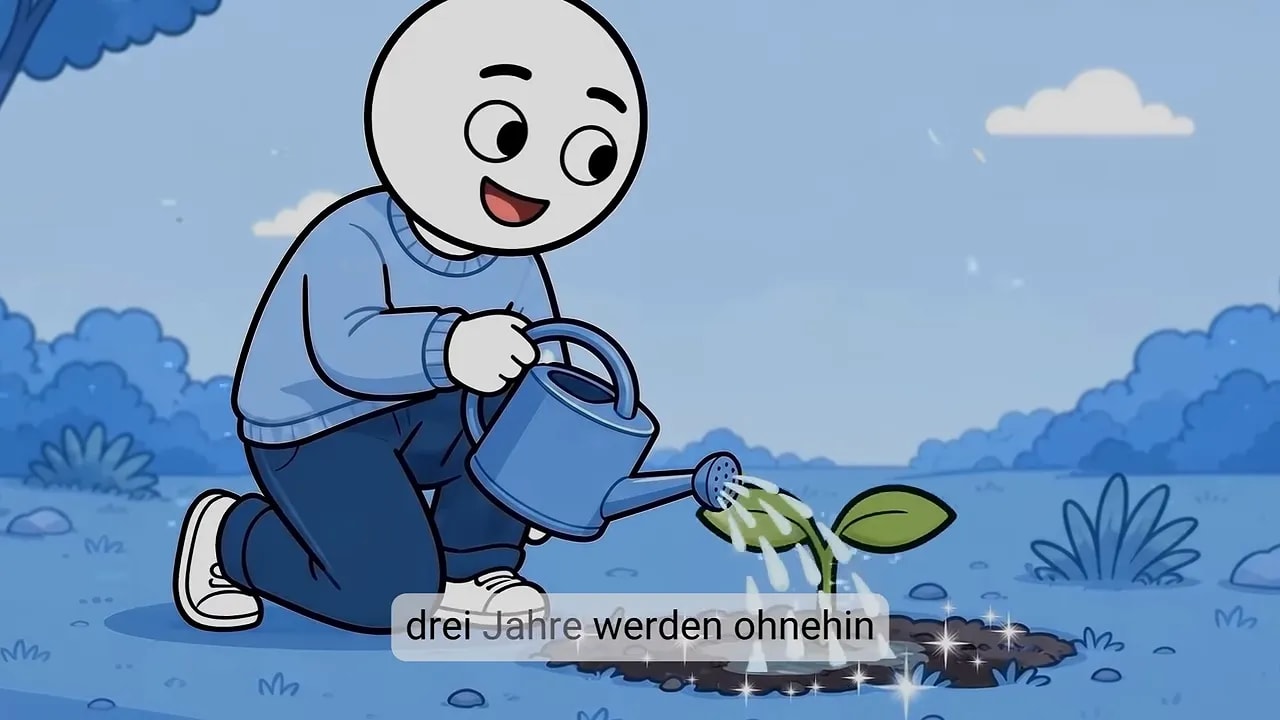 Figur gießt eine kleine Pflanze mit einer Gießkanne