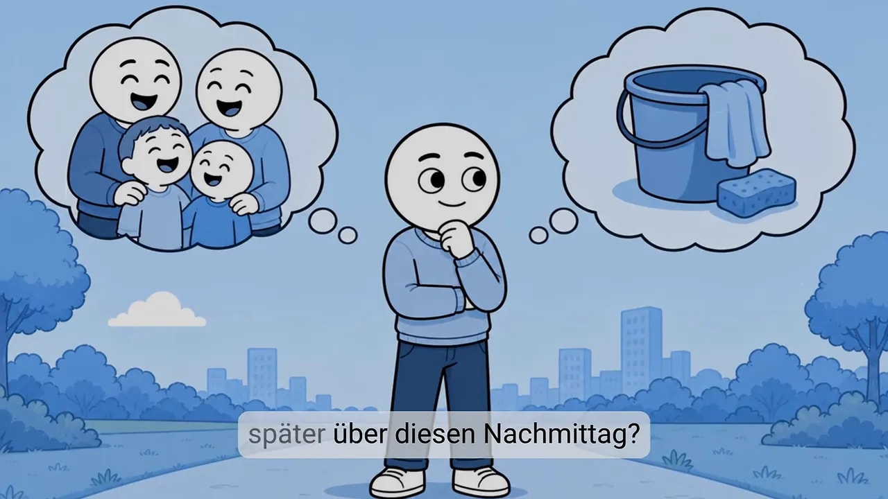 Figur denkt an lachende Familie und an einen Putzeimer mit Lappen
