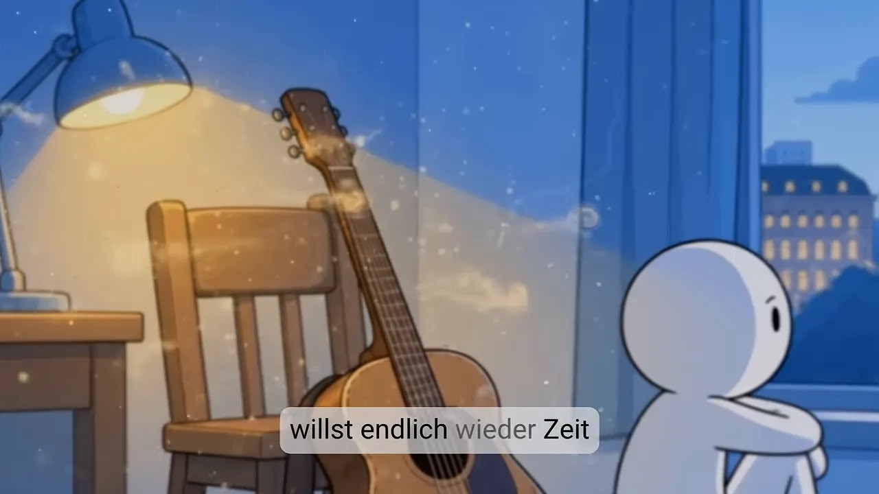 Gitarre lehnt unter einer Lampe an einem Stuhl neben einem Fenster